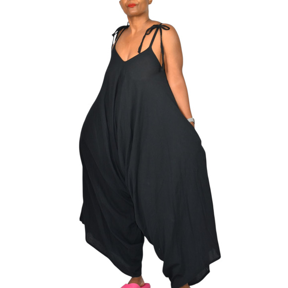 9Seed Bali Draped Jumpsuit Black Crinkle Gauze Harem Romper Drop Crotch One Size - Picture 14 of 14